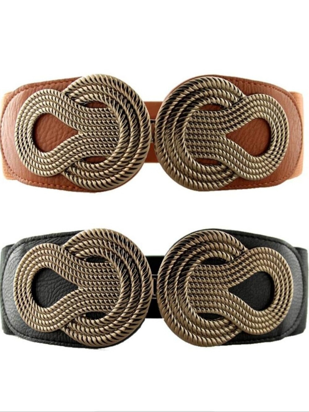 2 Pack Women's Wide Elastic Stretch Belts Gold Knot Interlocking Buckle